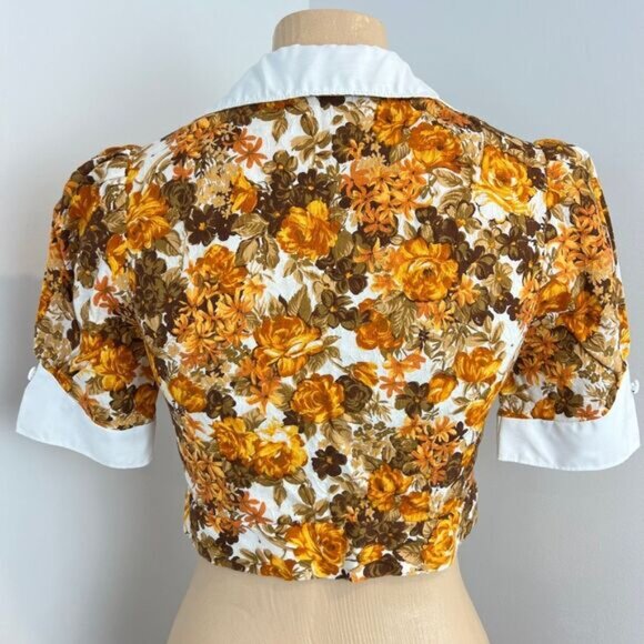 VTG Handmade Women Small Brown White Floral Collared Babydoll Cropped Top Blouse - Picture 4 of 14